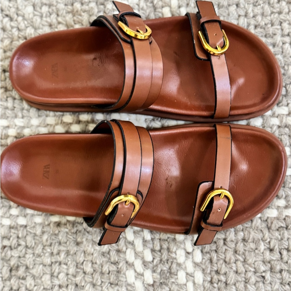 Super cute and comfortable ZARA Brown Leather Sandals with Gold Buckles